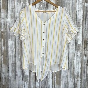 Hem & Thread White Vertical Yellow & Blue Stripe Button Tie Front Blouse
